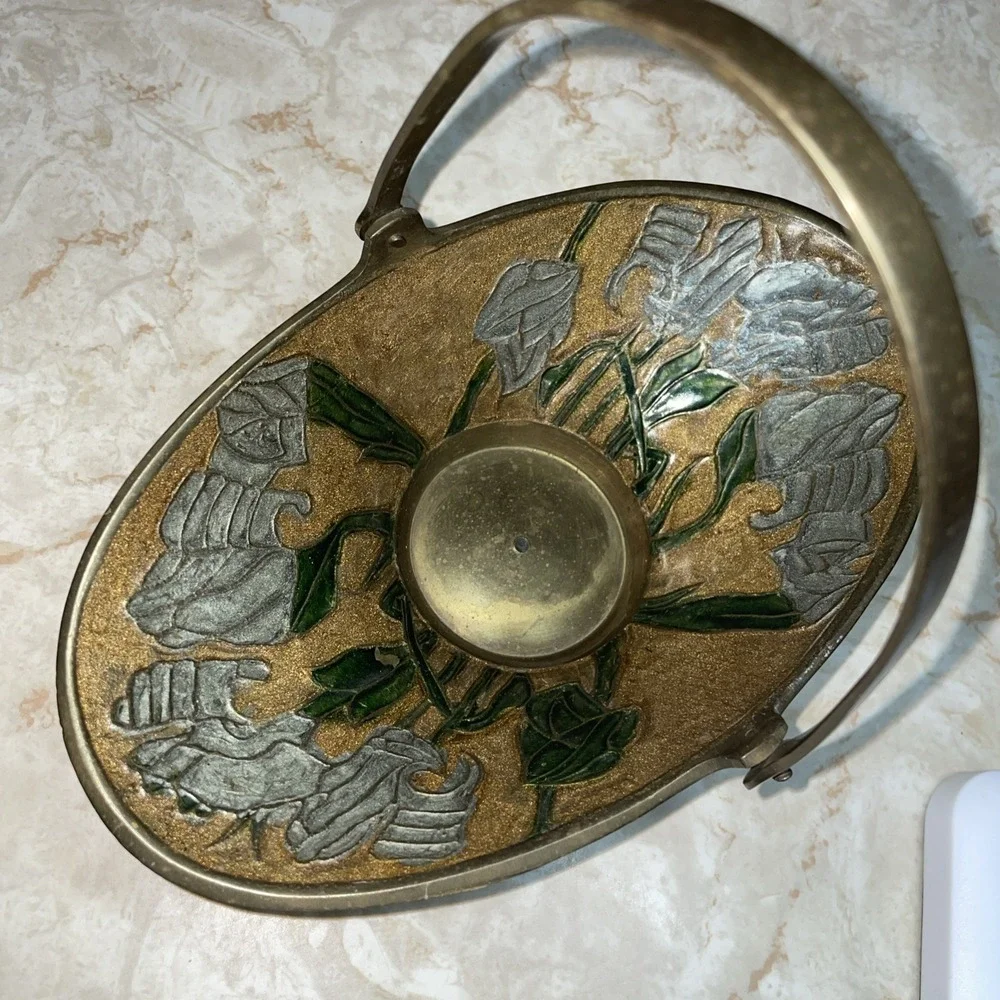 Rare Vintage Brass &Enamel‎ Cloisonne handled trinket bowl BEAUTIFUL